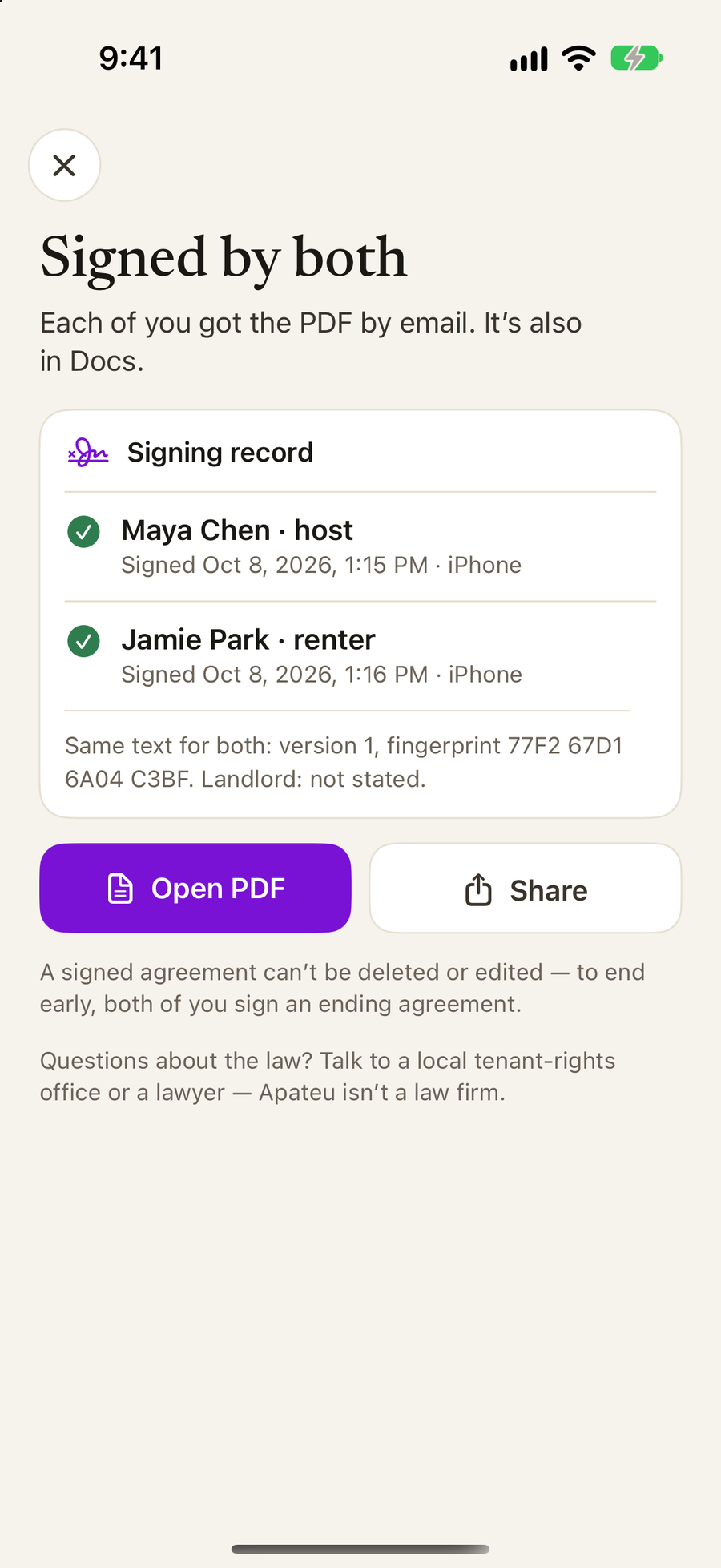 A sublease agreement signed by both the host and the renter in the Apateu iOS app, with its signing record