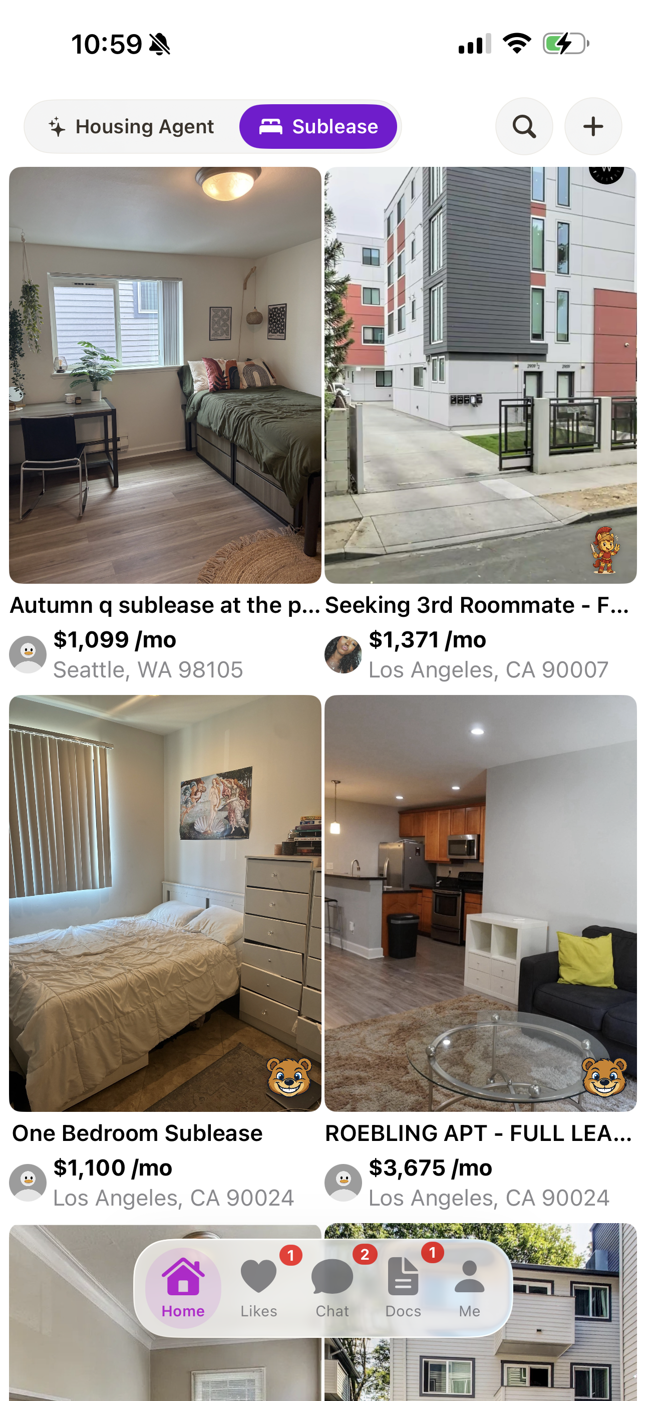Verified student subleases in the Apateu iOS app, with the Housing Agent and Sublease tabs