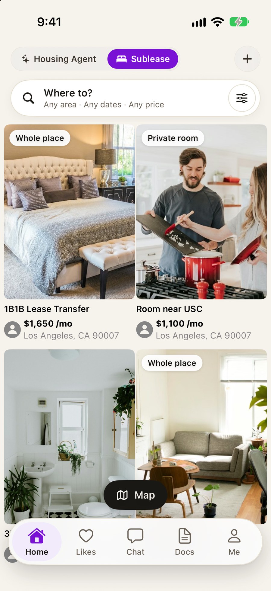 Subleases on the Home tab of the Apateu iOS app, with the Housing Agent and Sublease switch and a Where to? search