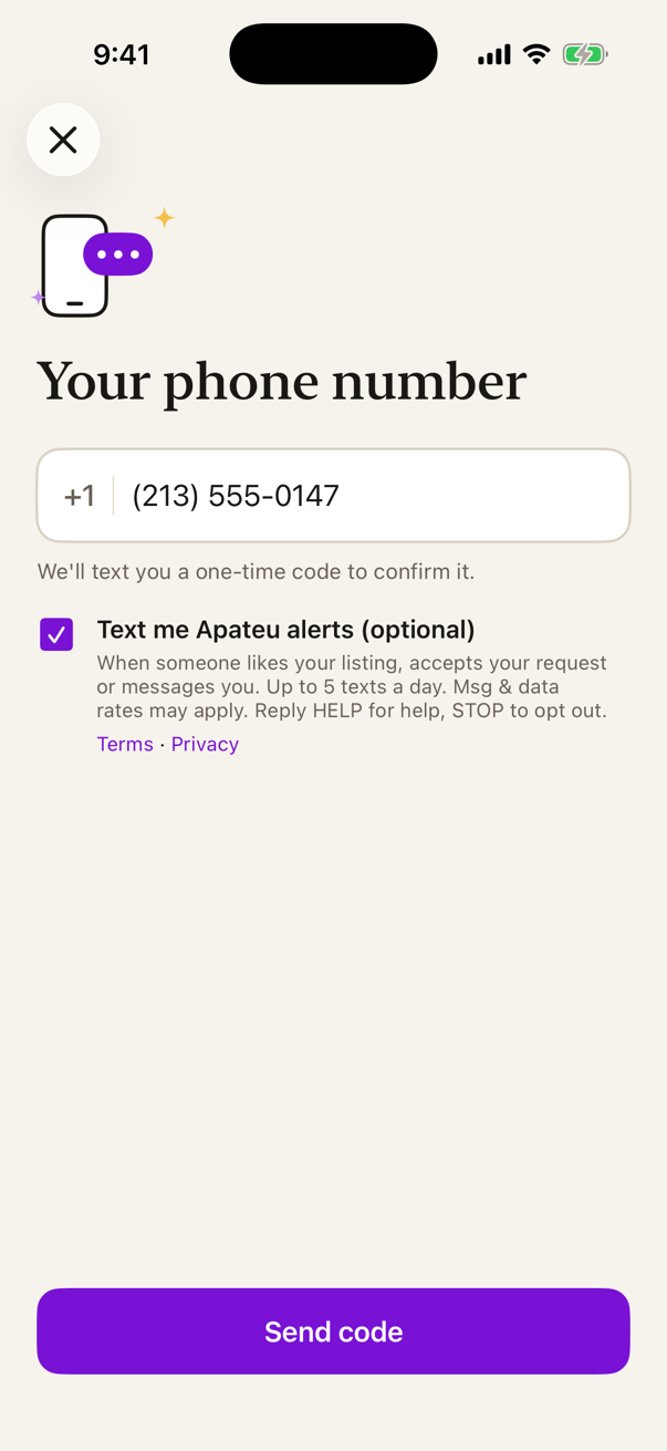 The same screen with the Text me Apateu alerts box checked by the user