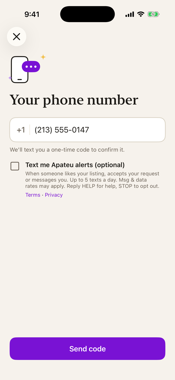 Apateu app phone screen: phone number field, then an unchecked box labeled Text me Apateu alerts (optional)
